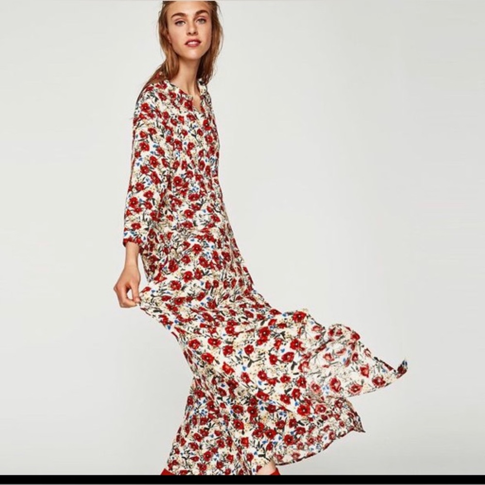 Zara Floral Long Sleeve Dress - Red and White